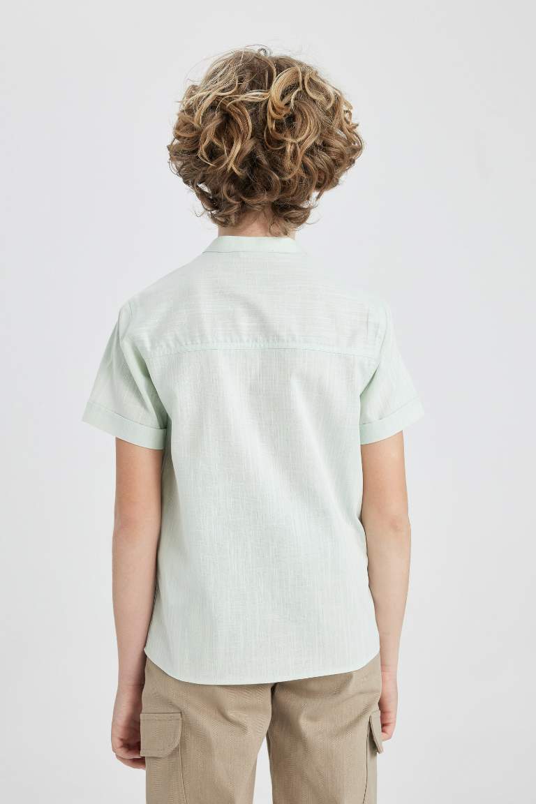 Boy Regular Fit Stand Collar Linen Look Shirt