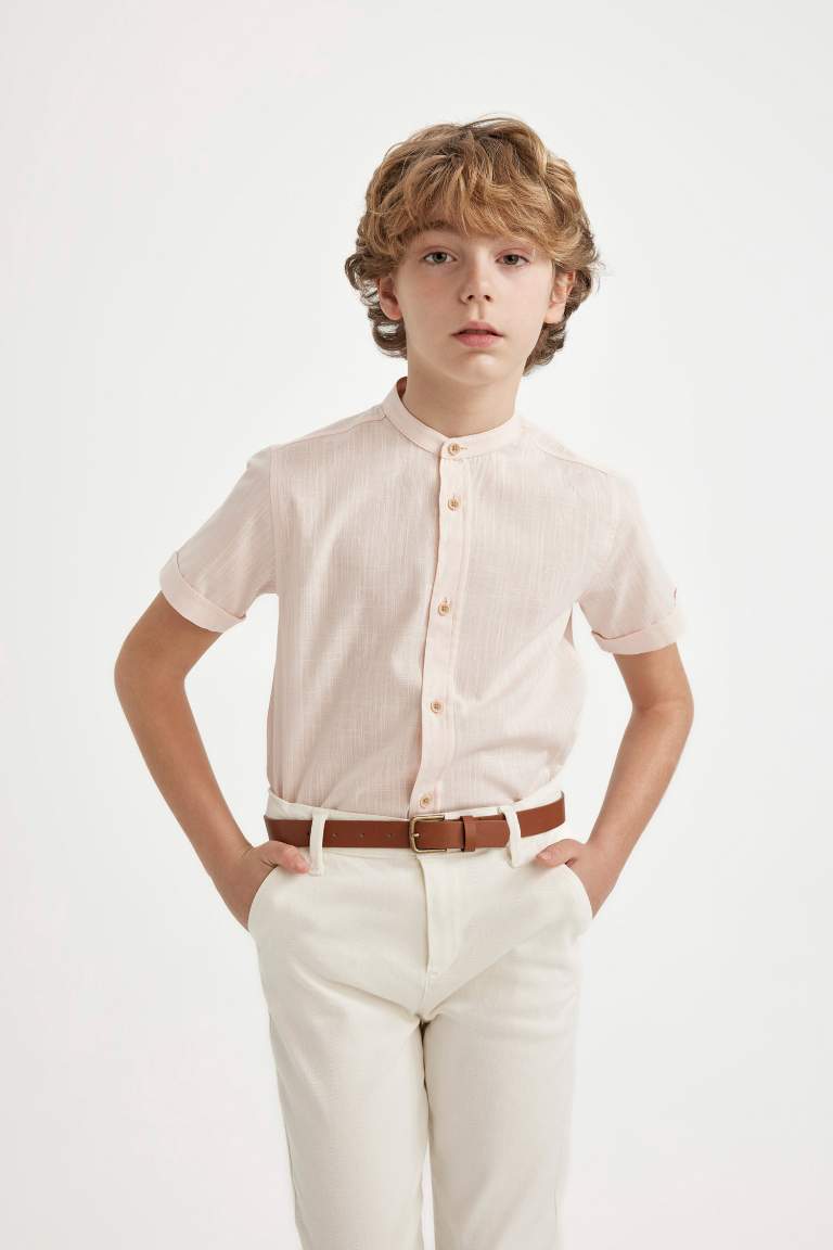 Boy Regular Fit Stand Collar Linen Look Shirt