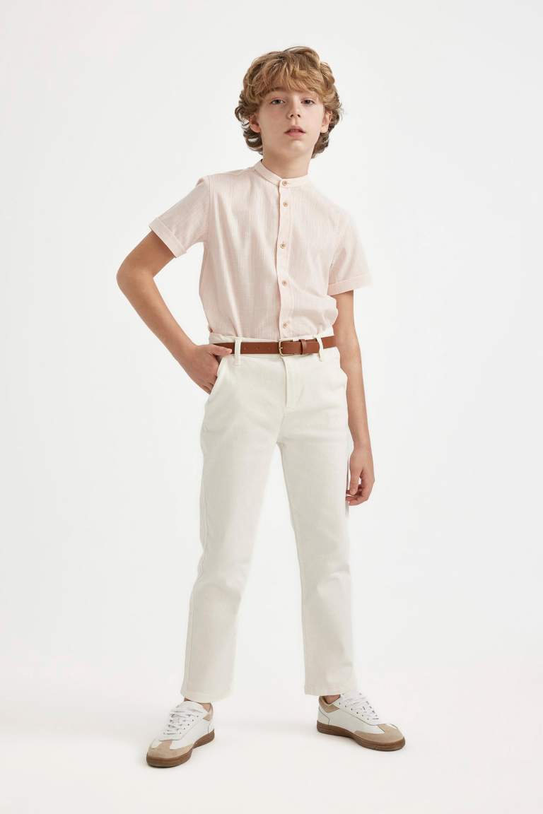 Boy Regular Fit Stand Collar Linen Look Shirt