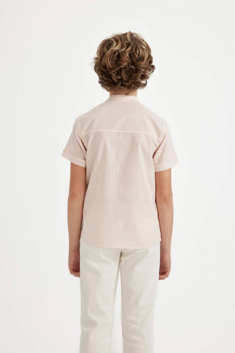 Boy Regular Fit Stand Collar Linen Look Shirt