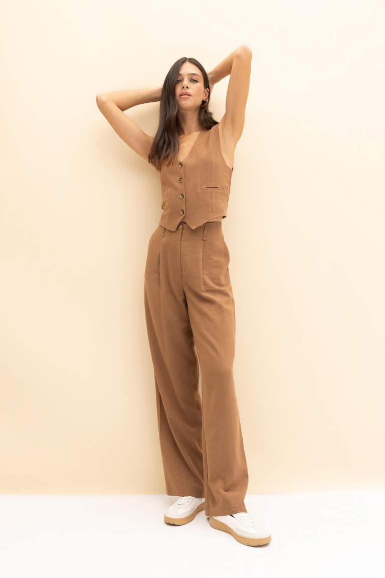 	Keten Karışımlı Pantolon Wide Leg Çift Cepli Yüksek Bel Geniş Bol Paça