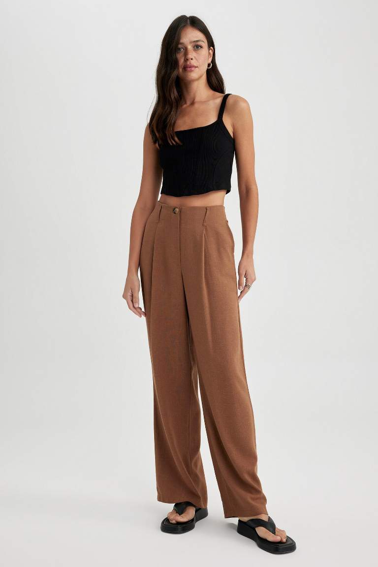 	Keten Karışımlı Pantolon Wide Leg Çift Cepli Yüksek Bel Geniş Bol Paça