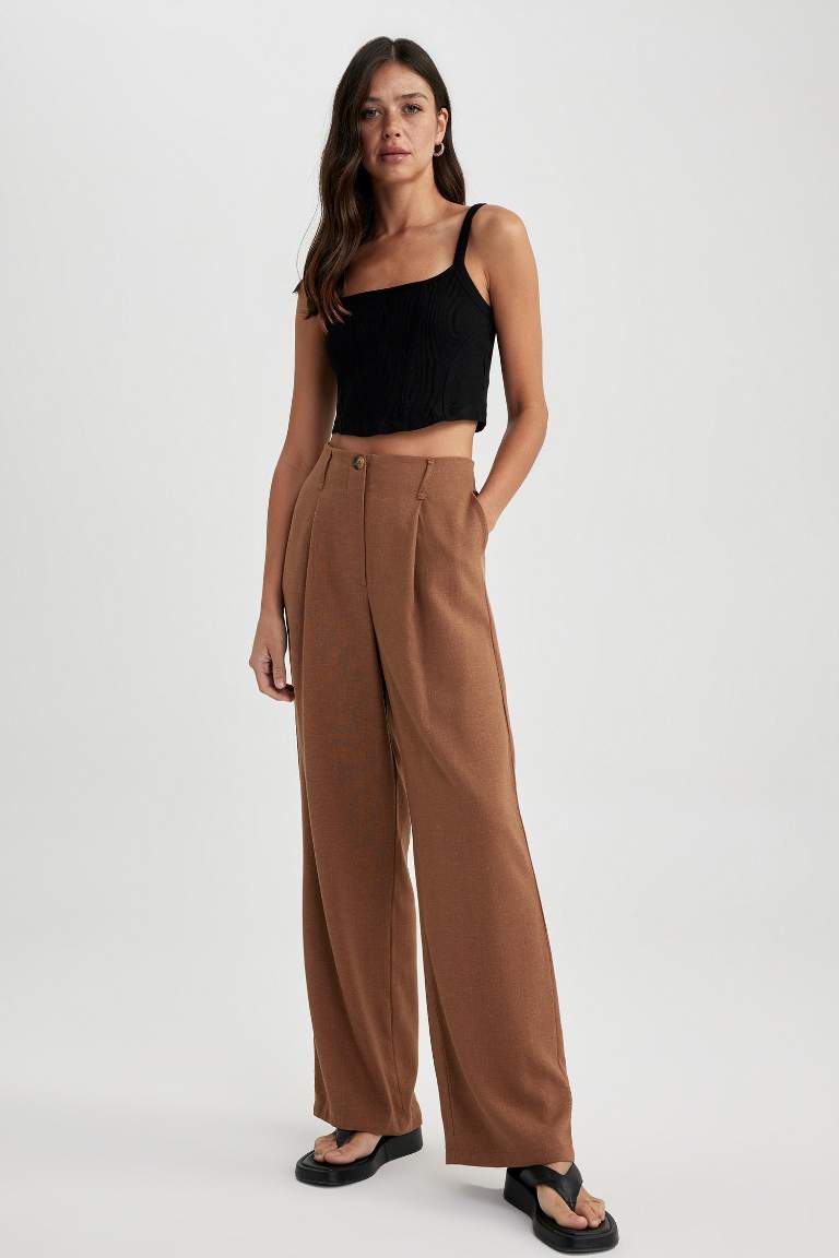 	Keten Karışımlı Pantolon Wide Leg Çift Cepli Yüksek Bel Geniş Bol Paça