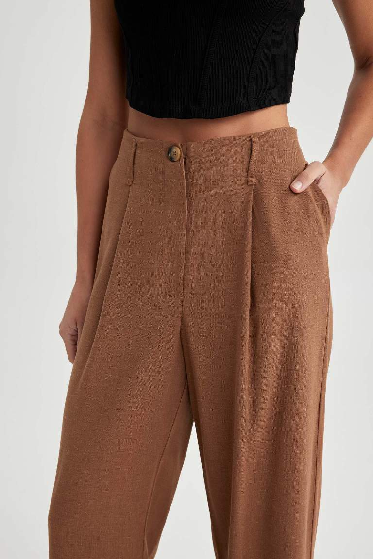 	Keten Karışımlı Pantolon Wide Leg Çift Cepli Yüksek Bel Geniş Bol Paça