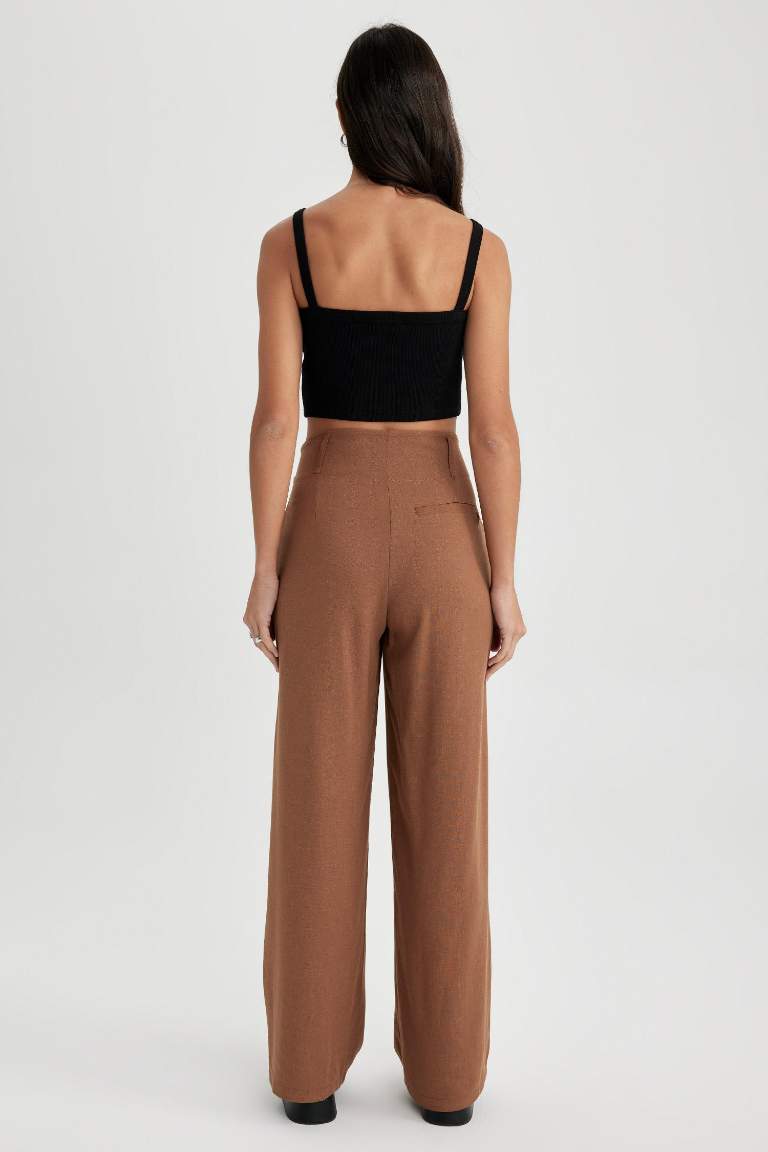 	Keten Karışımlı Pantolon Wide Leg Çift Cepli Yüksek Bel Geniş Bol Paça