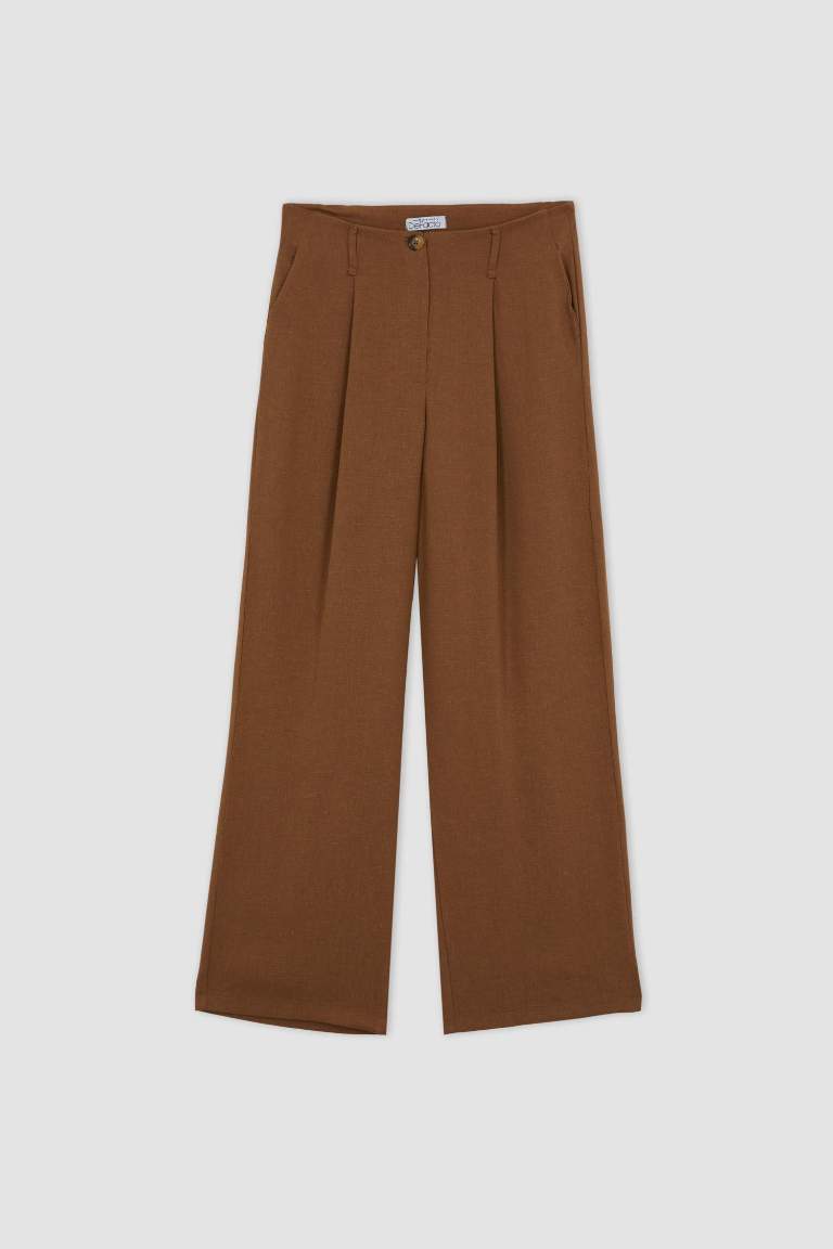 	Keten Karışımlı Pantolon Wide Leg Çift Cepli Yüksek Bel Geniş Bol Paça