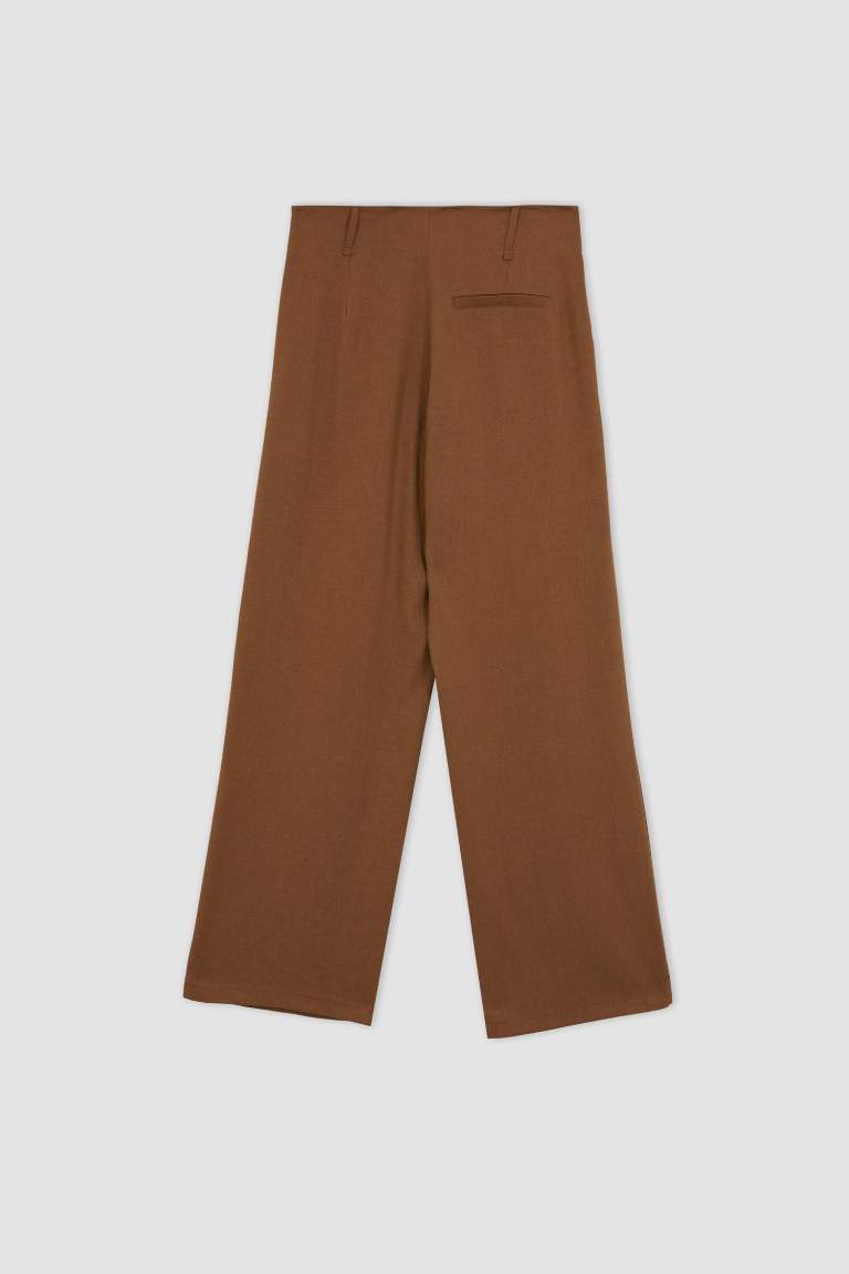 	Keten Karışımlı Pantolon Wide Leg Çift Cepli Yüksek Bel Geniş Bol Paça