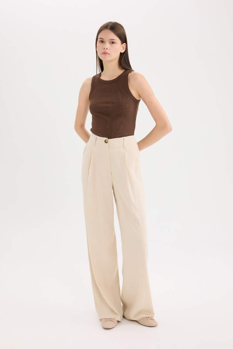 Wide Leg Double Pocket High Waist Linen Blend Trousers