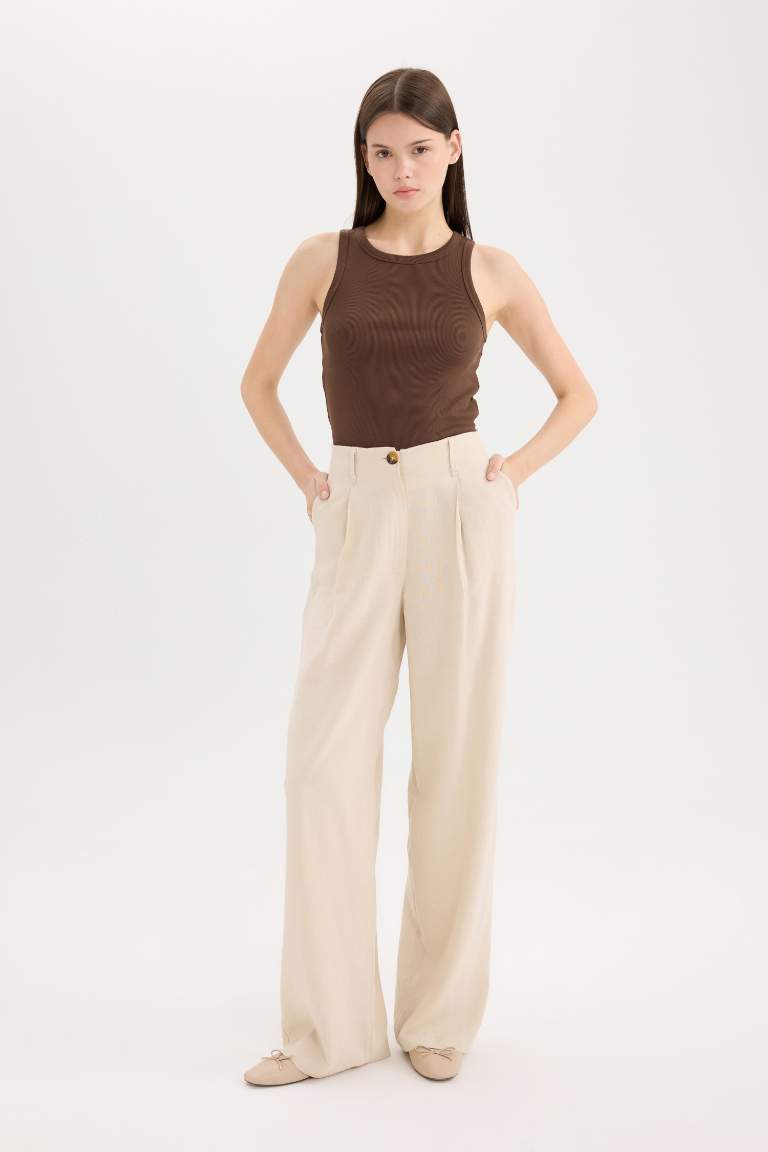 Wide Leg Double Pocket High Waist Linen Blend Trousers