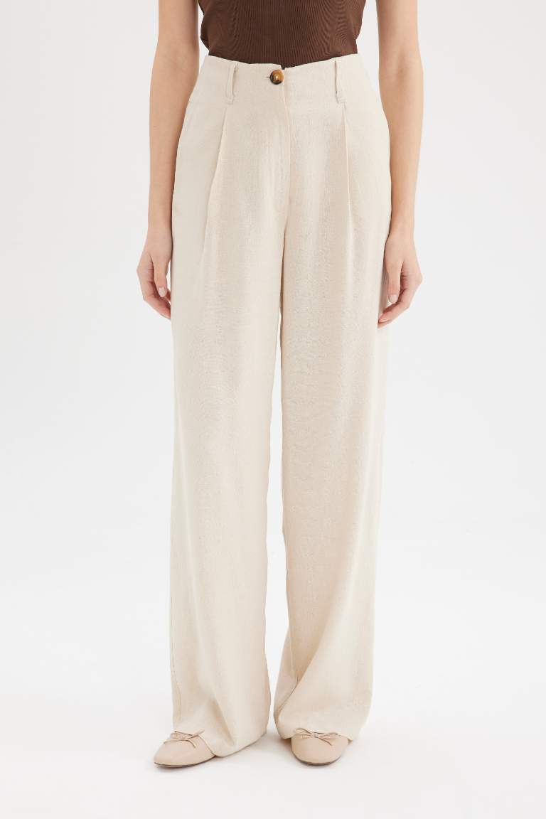 Wide Leg Double Pocket High Waist Linen Blend Trousers