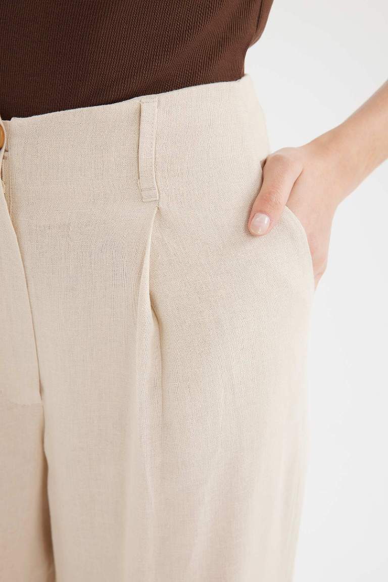 Wide Leg Double Pocket High Waist Linen Blend Trousers