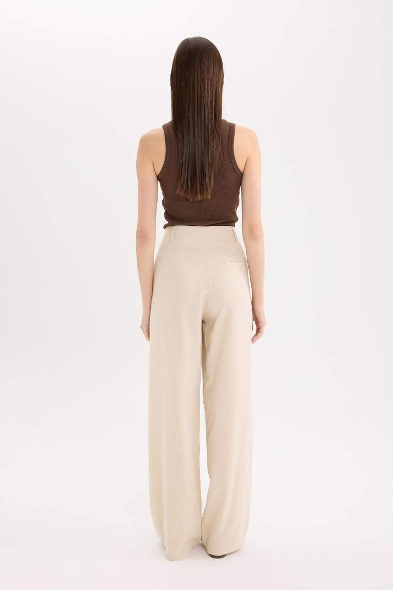 Wide Leg Double Pocket High Waist Linen Blend Trousers