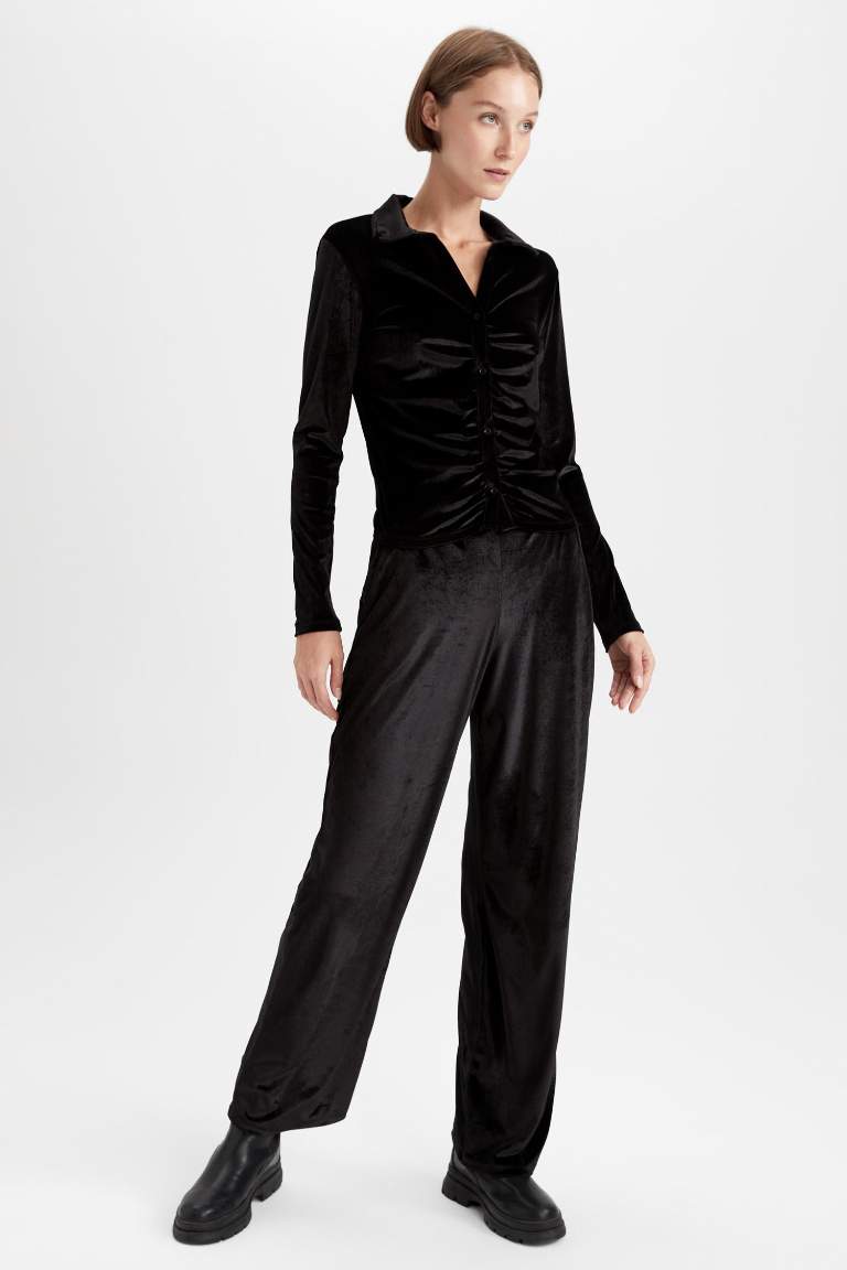 Wide Leg Pocket Velvet Trousers