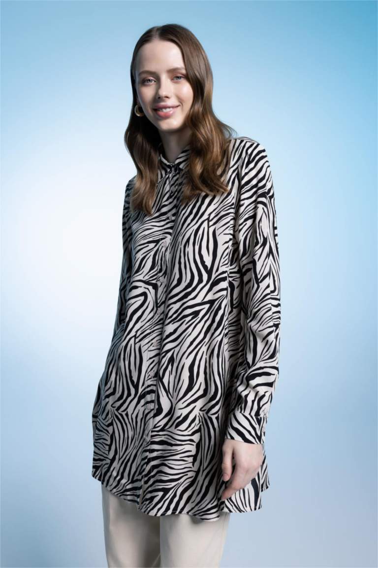 Regular Fit Zebra Desenli Uzun Kollu Gömlek Tunik