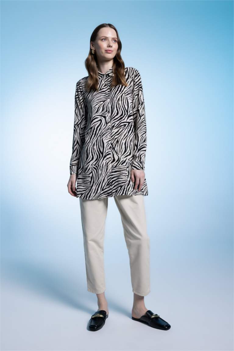 Regular Fit Zebra Desenli Uzun Kollu Gömlek Tunik