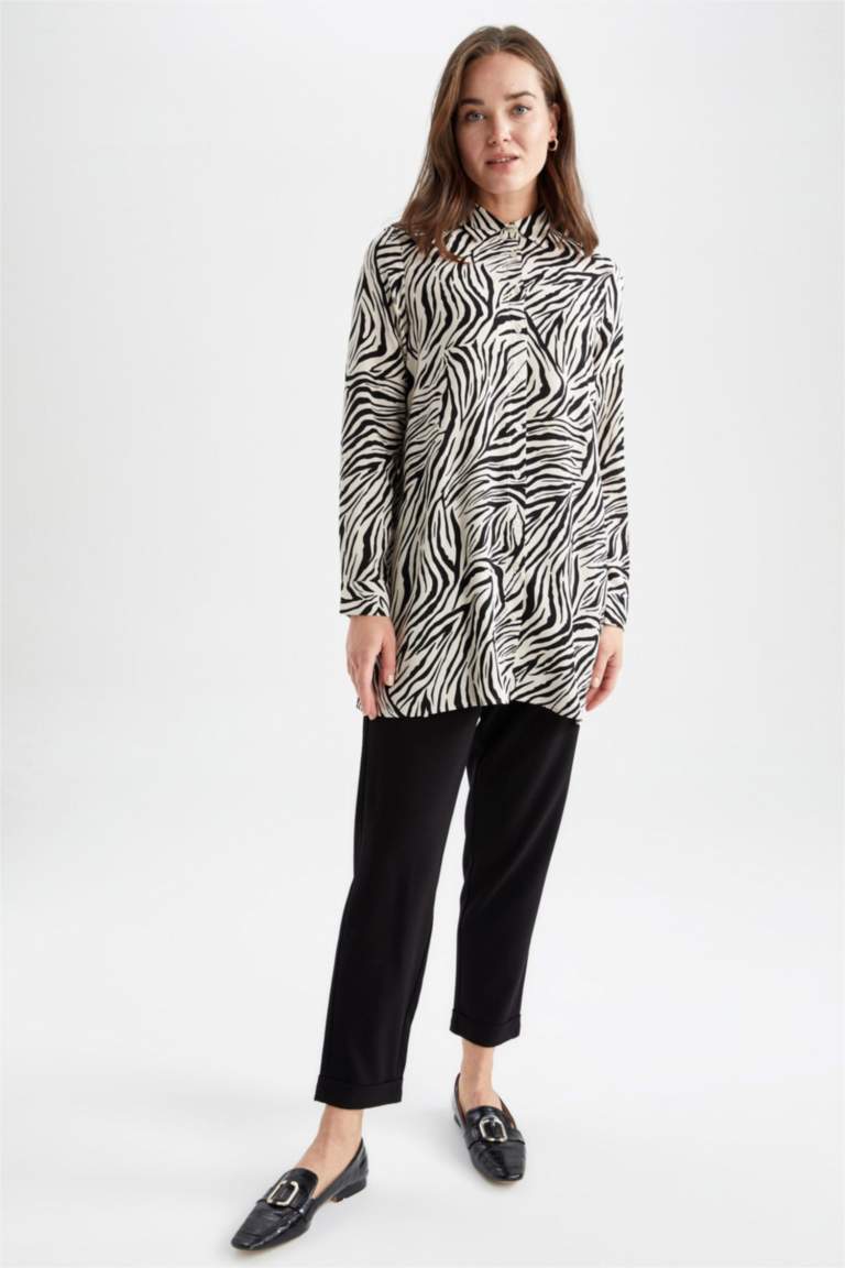 Regular Fit Zebra Desenli Uzun Kollu Gömlek Tunik