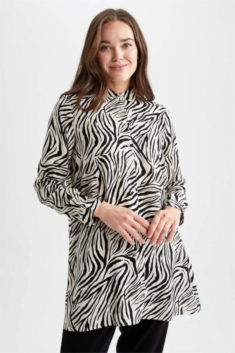 Regular Fit Zebra Desenli Uzun Kollu Gömlek Tunik