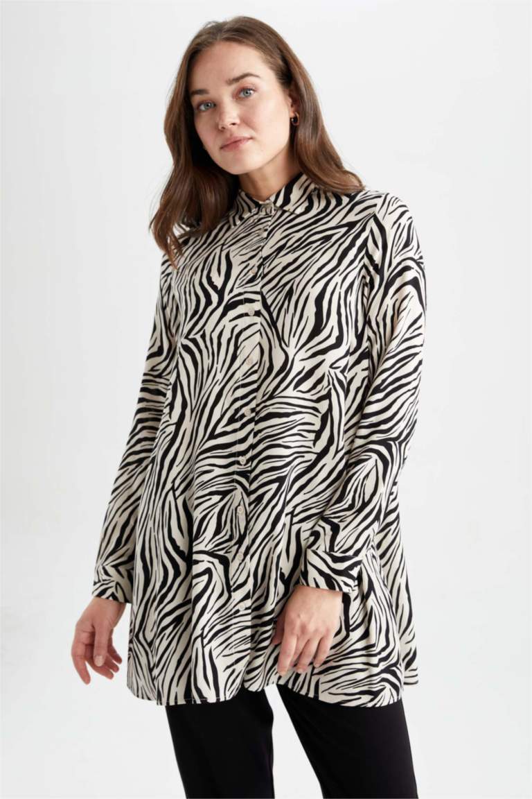 Regular Fit Zebra Desenli Uzun Kollu Gömlek Tunik
