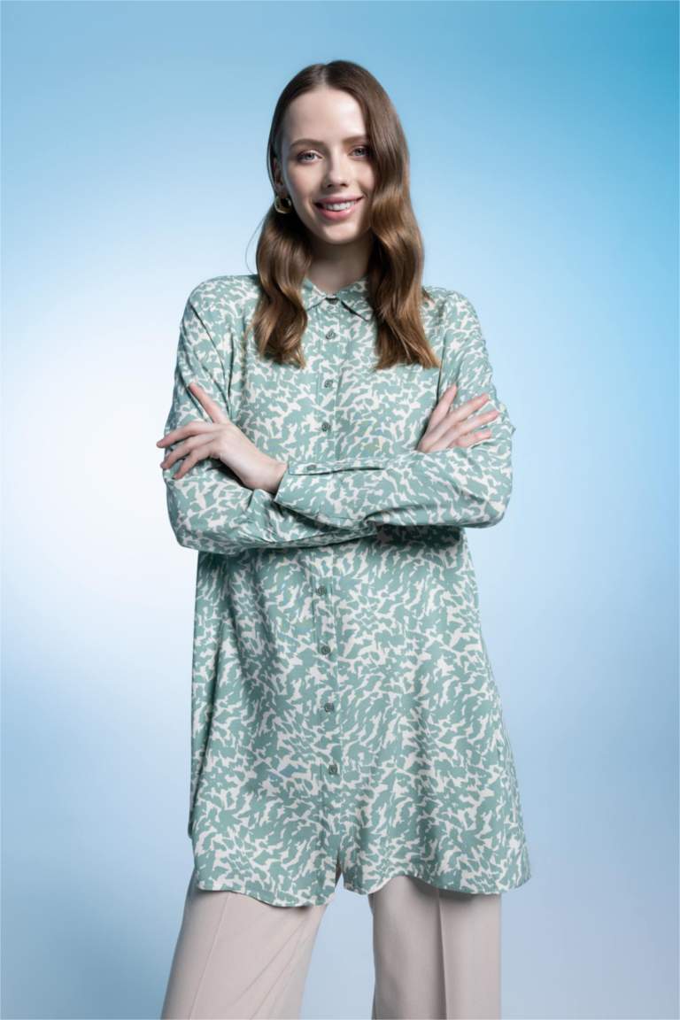 Regular Fit Leopar Desenli Uzun Kollu Gömlek Tunik