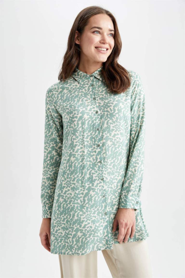Regular Fit Leopar Desenli Uzun Kollu Gömlek Tunik