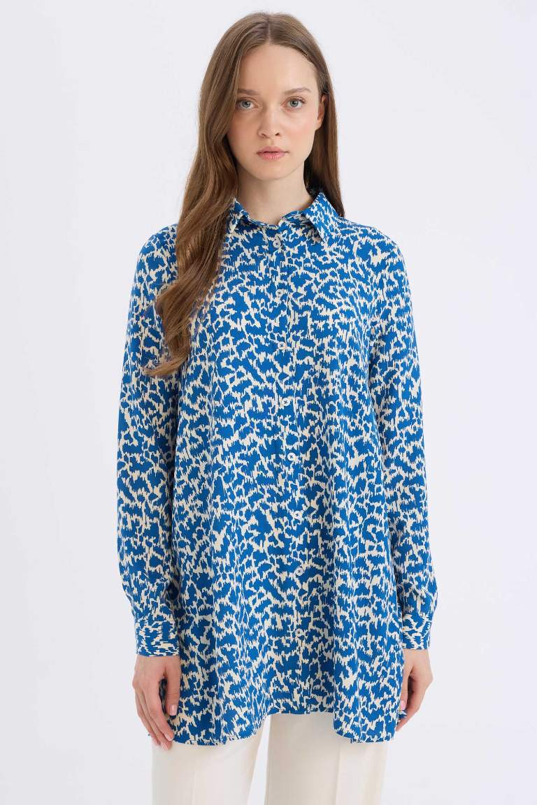 Regular Fit Shirt Collar Printed Long Sleeve Tunic