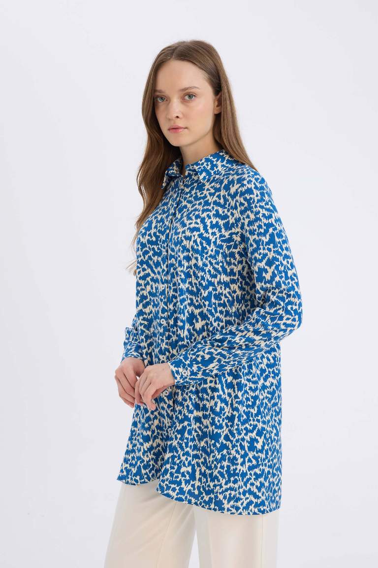 Regular Fit Shirt Collar Printed Long Sleeve Tunic