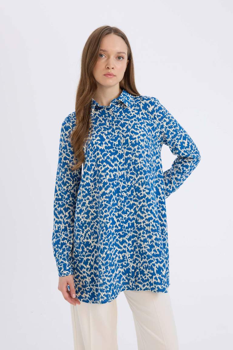 Regular Fit Shirt Collar Printed Long Sleeve Tunic