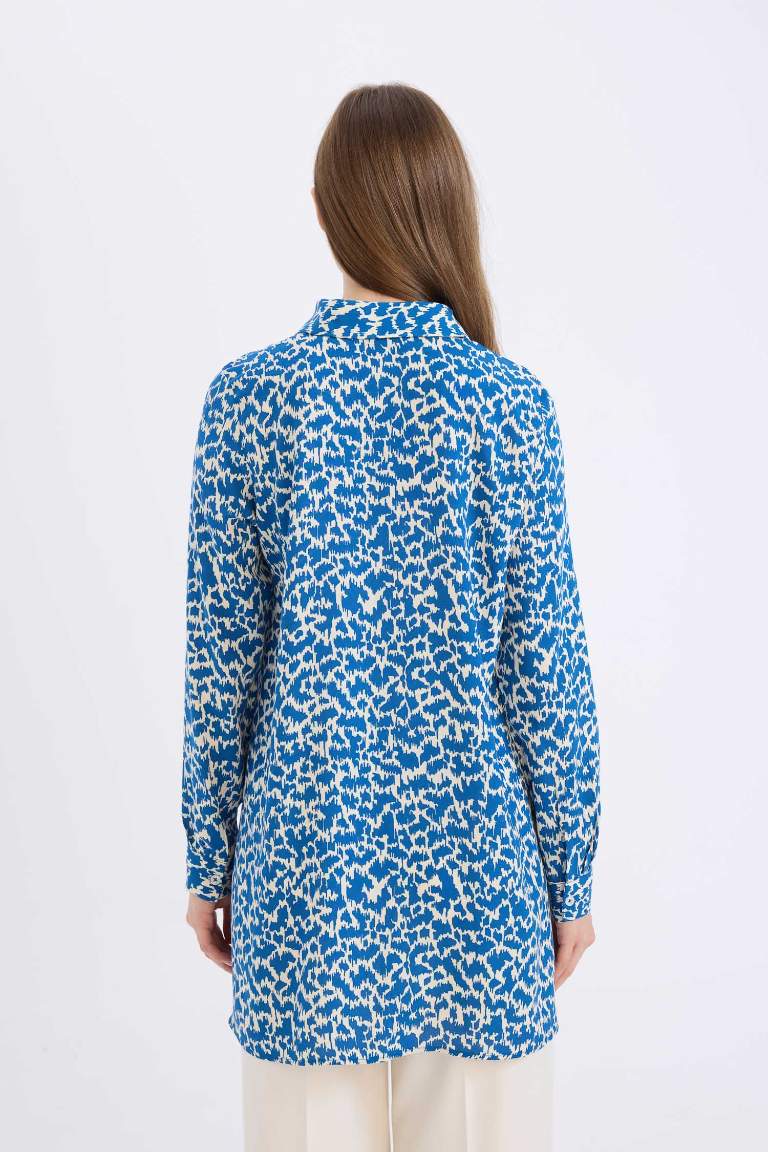 Regular Fit Shirt Collar Printed Long Sleeve Tunic