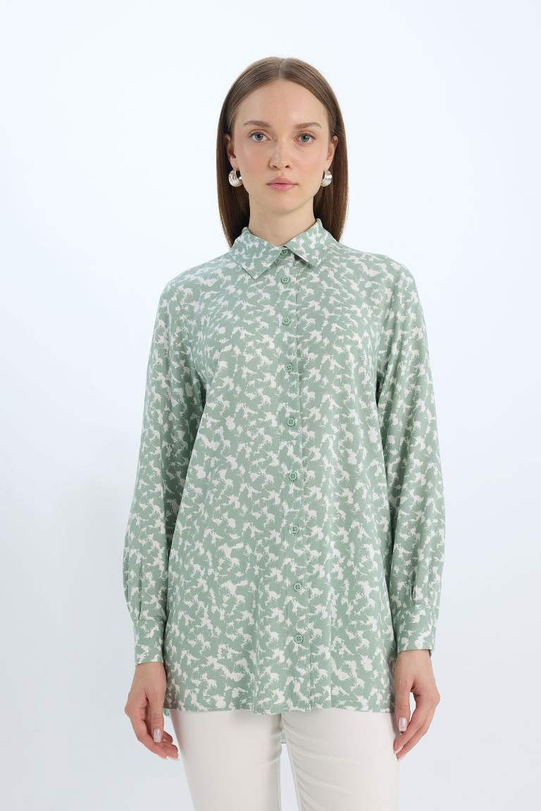 Regular Fit Shirt Collar Printed Long Sleeve Tunic