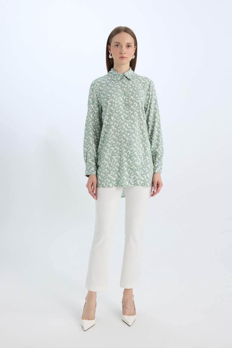 Regular Fit Shirt Collar Printed Long Sleeve Tunic