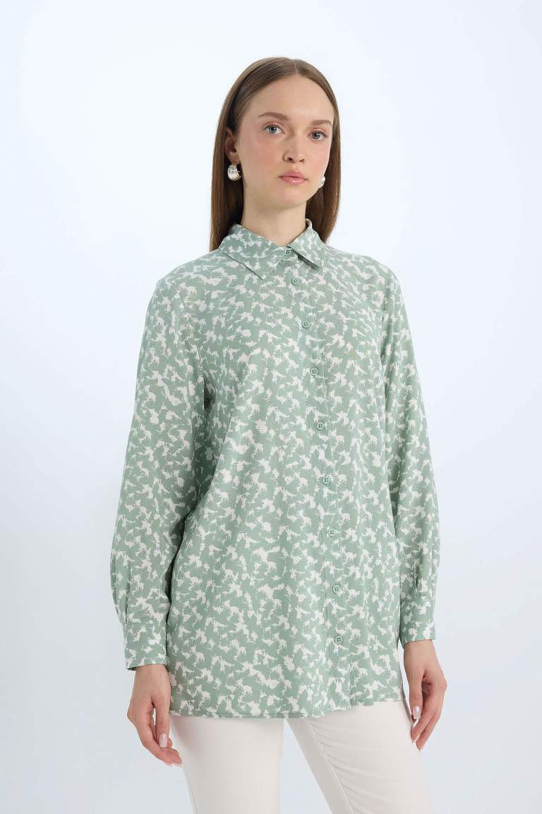 Regular Fit Shirt Collar Printed Long Sleeve Tunic