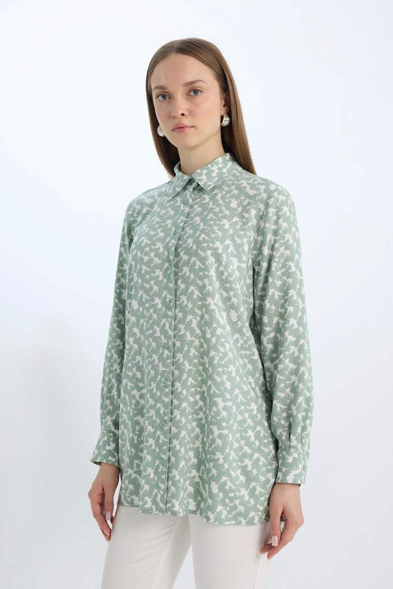 Regular Fit Shirt Collar Printed Long Sleeve Tunic