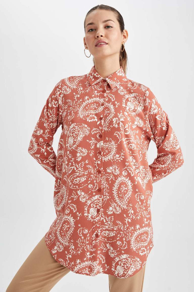 Regular Fit Gömlek Yaka Baskılı Uzun Kollu Tunik