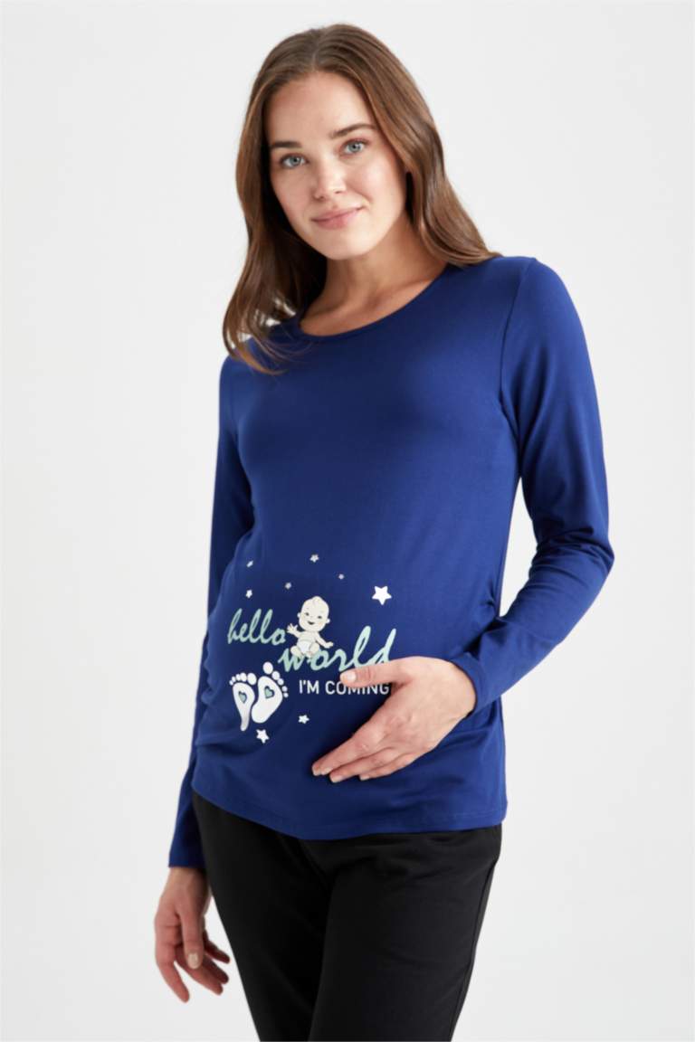 Bisiklet Yaka Bebek Baskılı Uzun Kollu Hamile Tişört