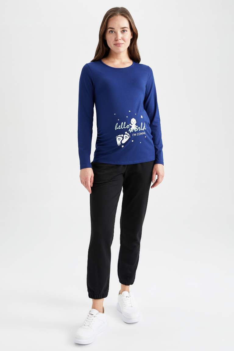 Bisiklet Yaka Bebek Baskılı Uzun Kollu Hamile Tişört