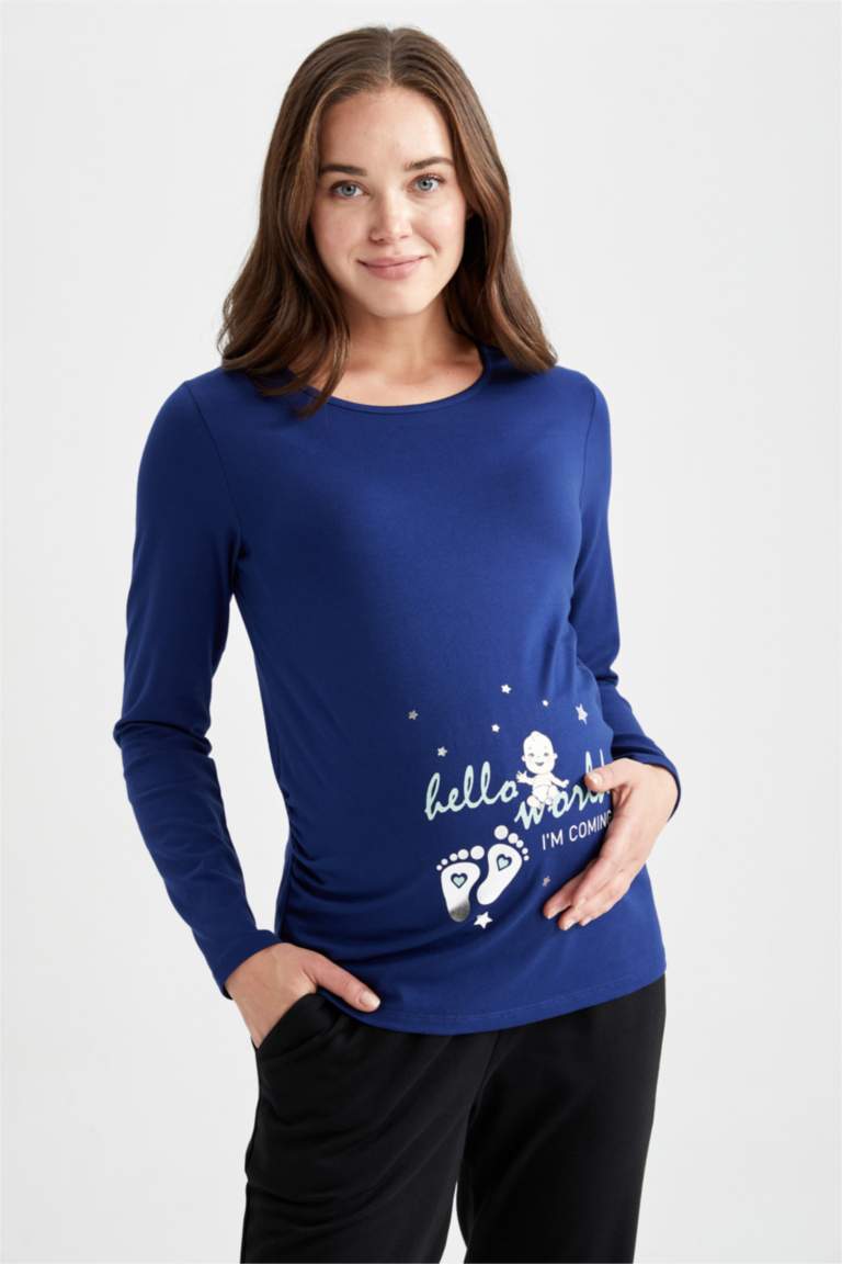 Bisiklet Yaka Bebek Baskılı Uzun Kollu Hamile Tişört