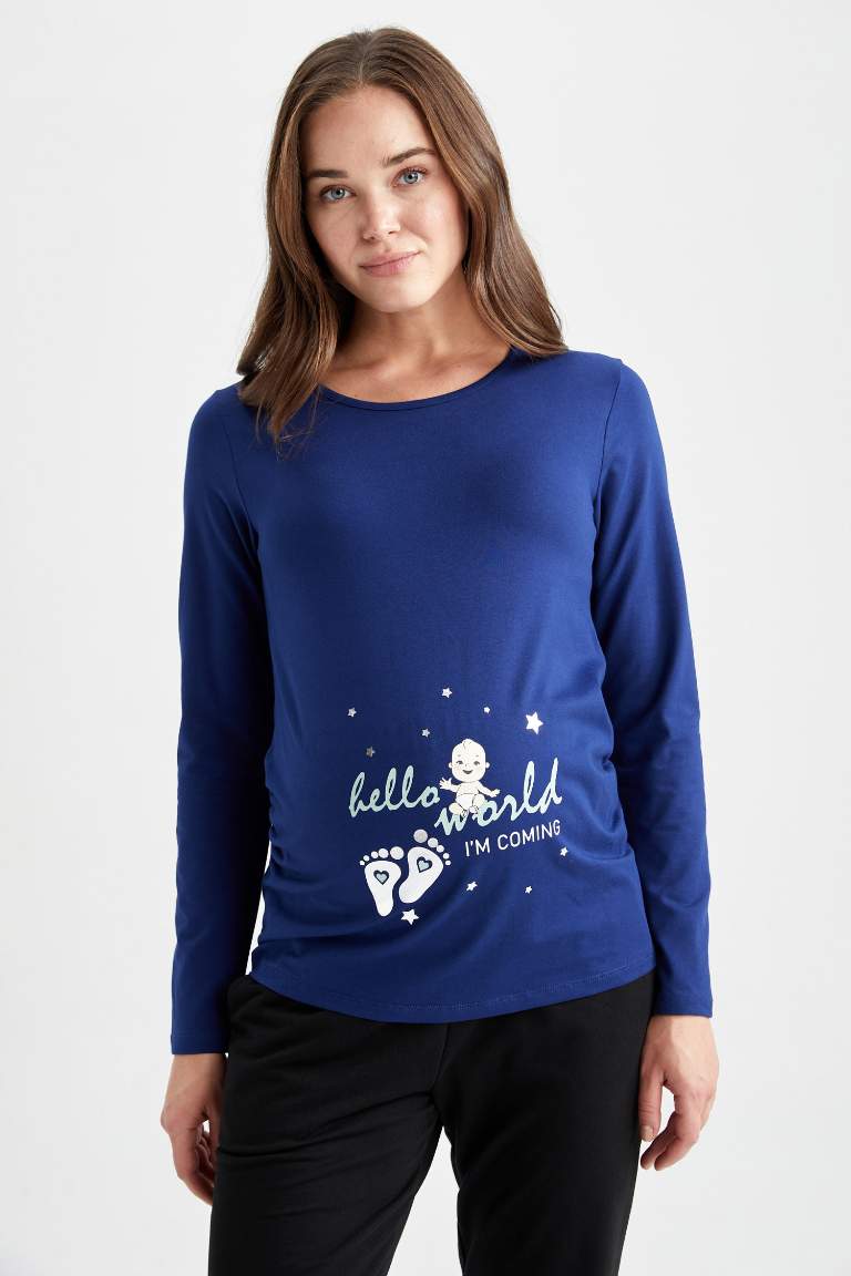 Bisiklet Yaka Bebek Baskılı Uzun Kollu Hamile Tişört