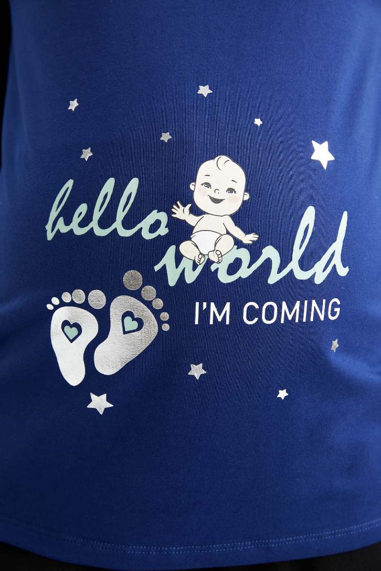 Bisiklet Yaka Bebek Baskılı Uzun Kollu Hamile Tişört