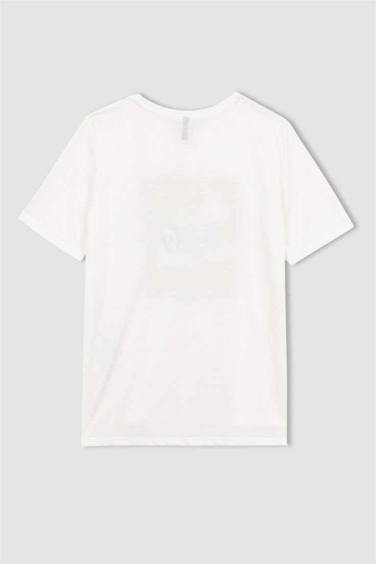 Écru FEMME T-Shirt À Manches Courtes Coupe Régulière Imprimé Col Ras Du