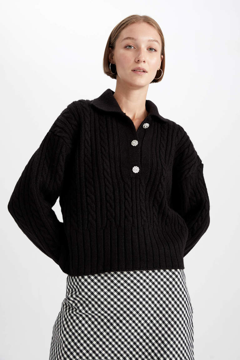 Black WOMAN Standard Fit Polo Collar Pullover 2723032 | DeFacto