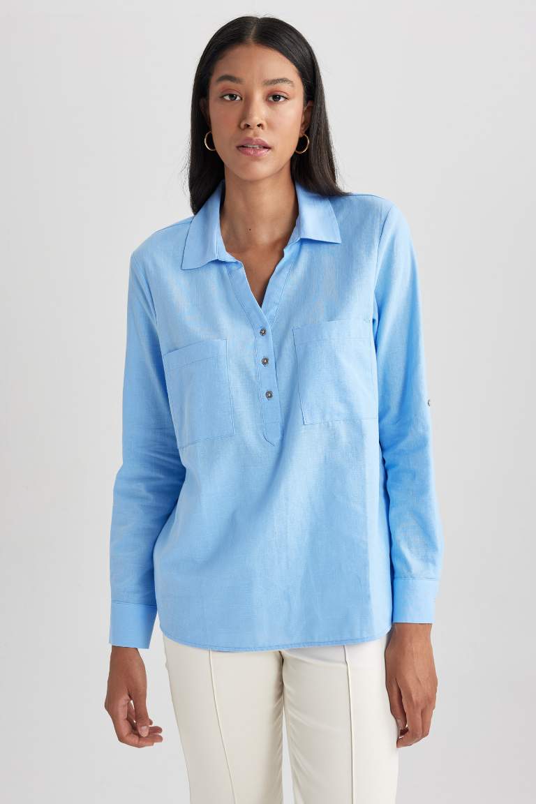 Blue WOMAN Regular Fit Shirt Collar Long Sleeve Shirt 2729849 | DeFacto