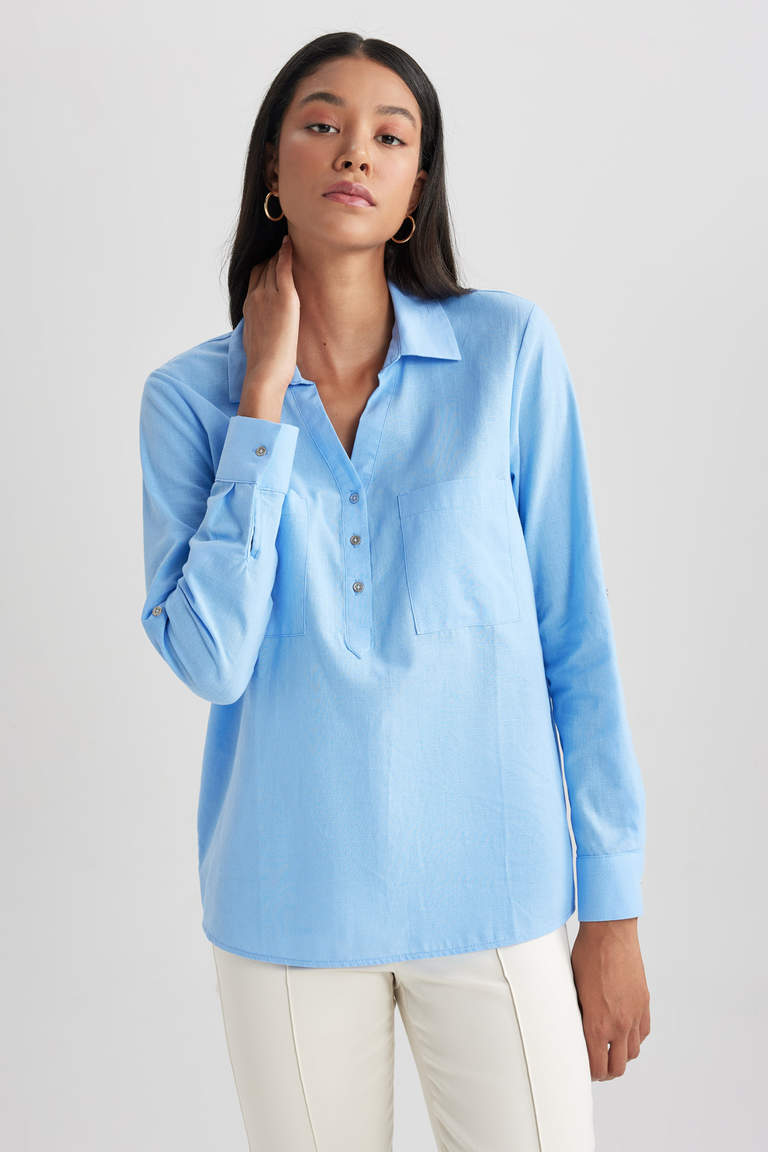 Blue WOMAN Regular Fit Shirt Collar Long Sleeve Shirt 2729849 | DeFacto