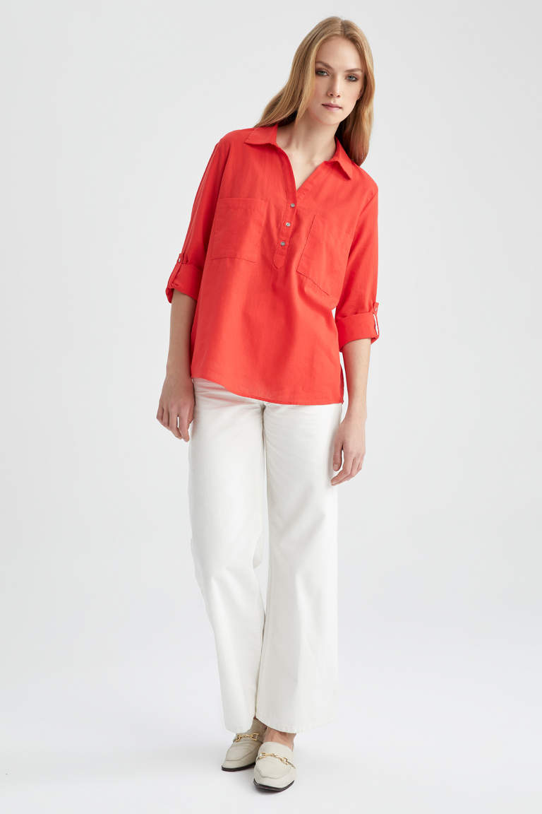 Red WOMAN Regular Fit Shirt Collar Long Sleeve Shirt 2729851 | DeFacto