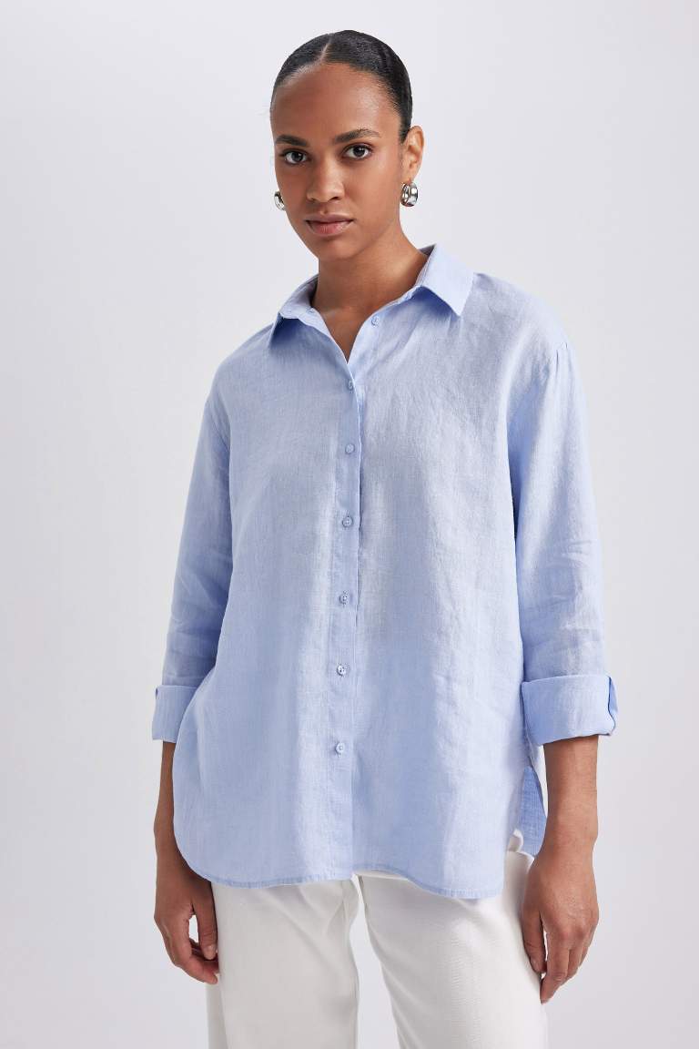 Oversize Geniş Kalıp %100 Keten Uzun Kollu Gömlek
