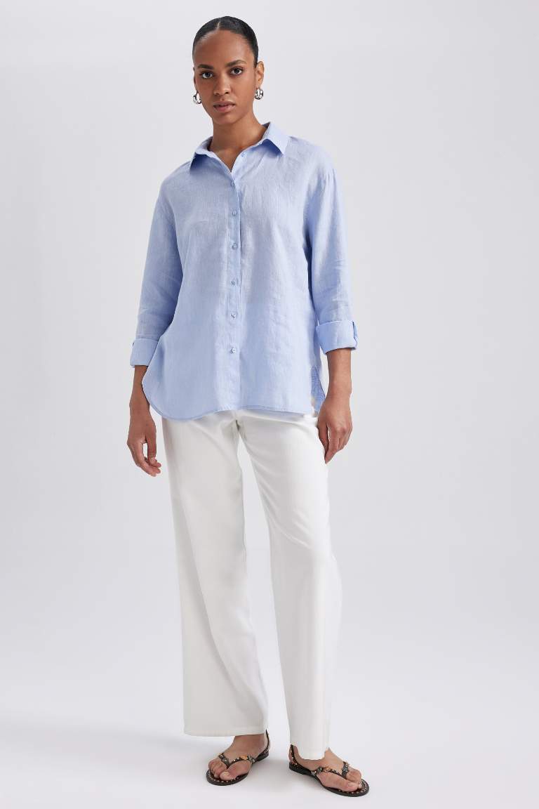 Oversize Geniş Kalıp %100 Keten Uzun Kollu Gömlek