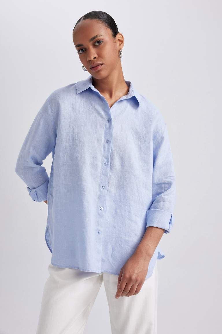 Oversize Geniş Kalıp %100 Keten Uzun Kollu Gömlek