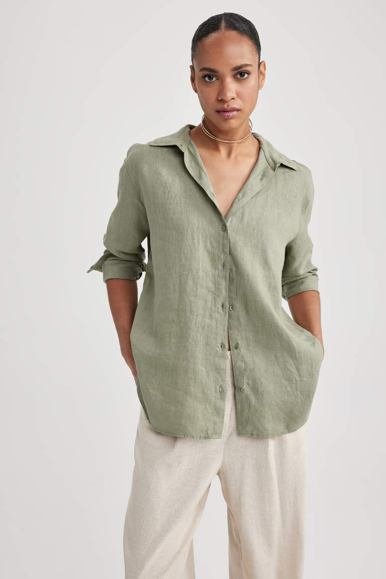 Oversize Geniş Kalıp %100 Keten Uzun Kollu Gömlek