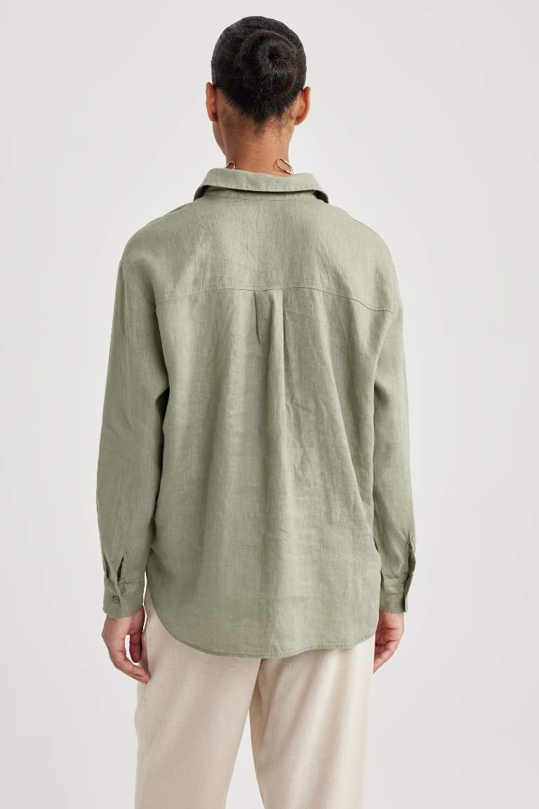 Oversize Geniş Kalıp %100 Keten Uzun Kollu Gömlek