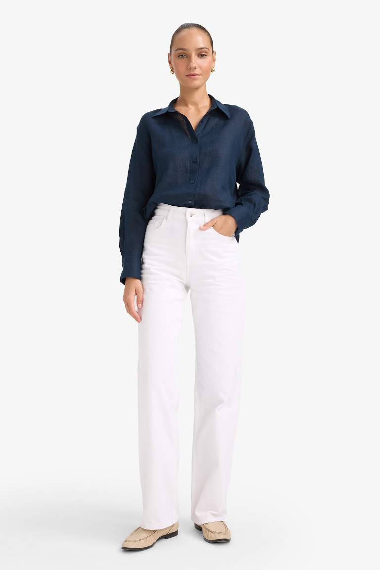 %100 Keten Oversize Geniş Kalıp Uzun Kollu Gömlek