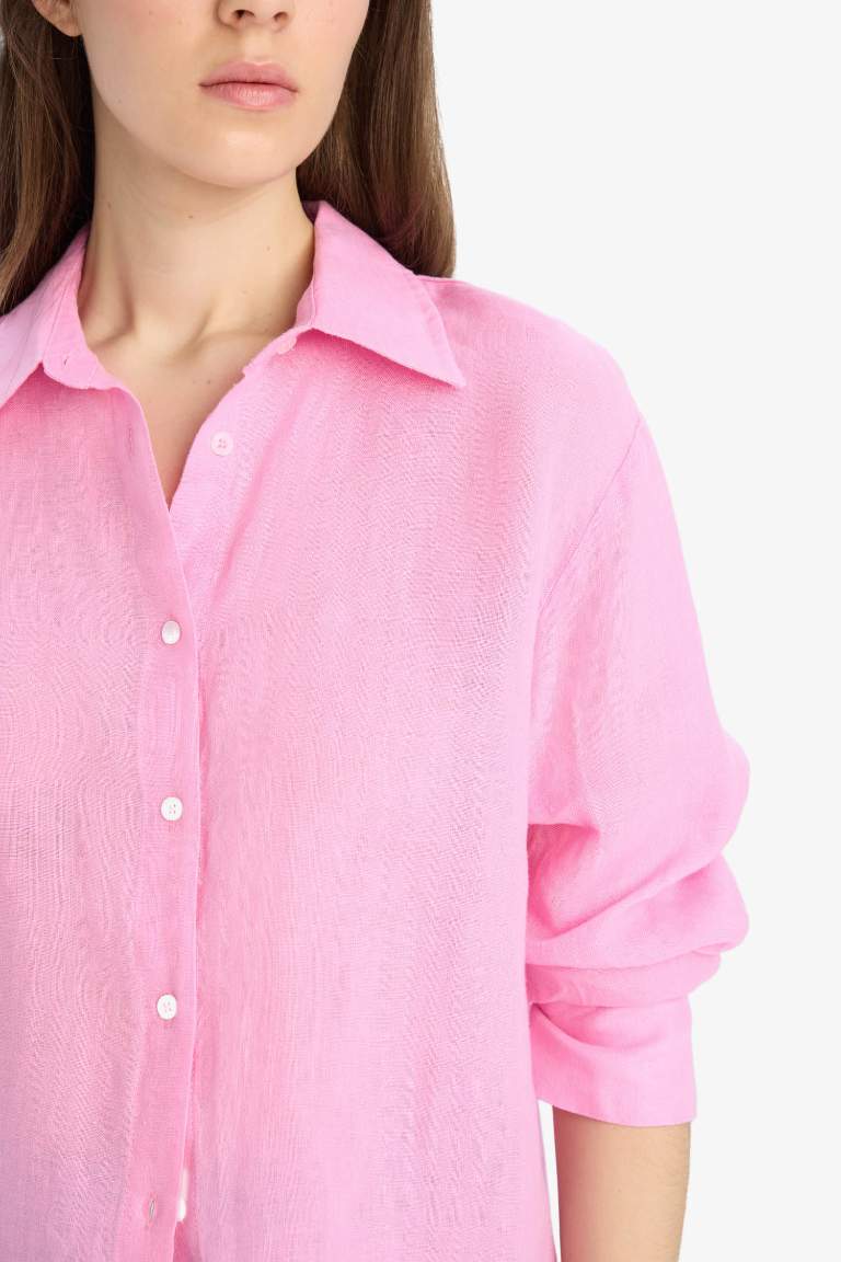 Oversize Fit Shirt Collar Linen Long Sleeve Shirt